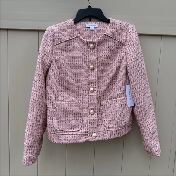 Liz Claiborne Charleston pink blazer jacket faux pearl buttons silver size 4 NWT - Picture 8 of 14